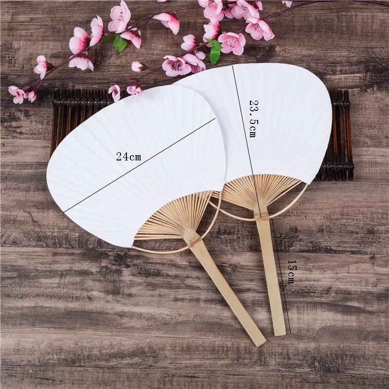 50pcs/lot Summer Pure White Paper Bamboo Handle Blank Calligraphy Children's Diy Art Painting Fan Empty Group Fan White