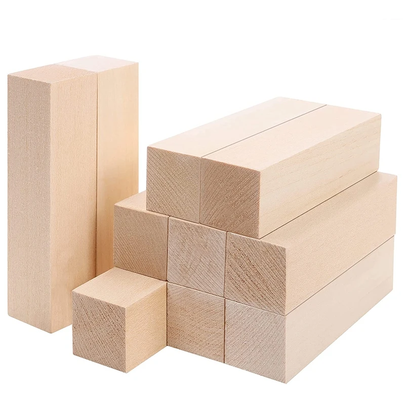 Grandi blocchi di legno intagliato (confezione da 10) 4X1X1 pollici progetto di tiglio non finito Kit artigianale Set di Hobby fai da te per principianti