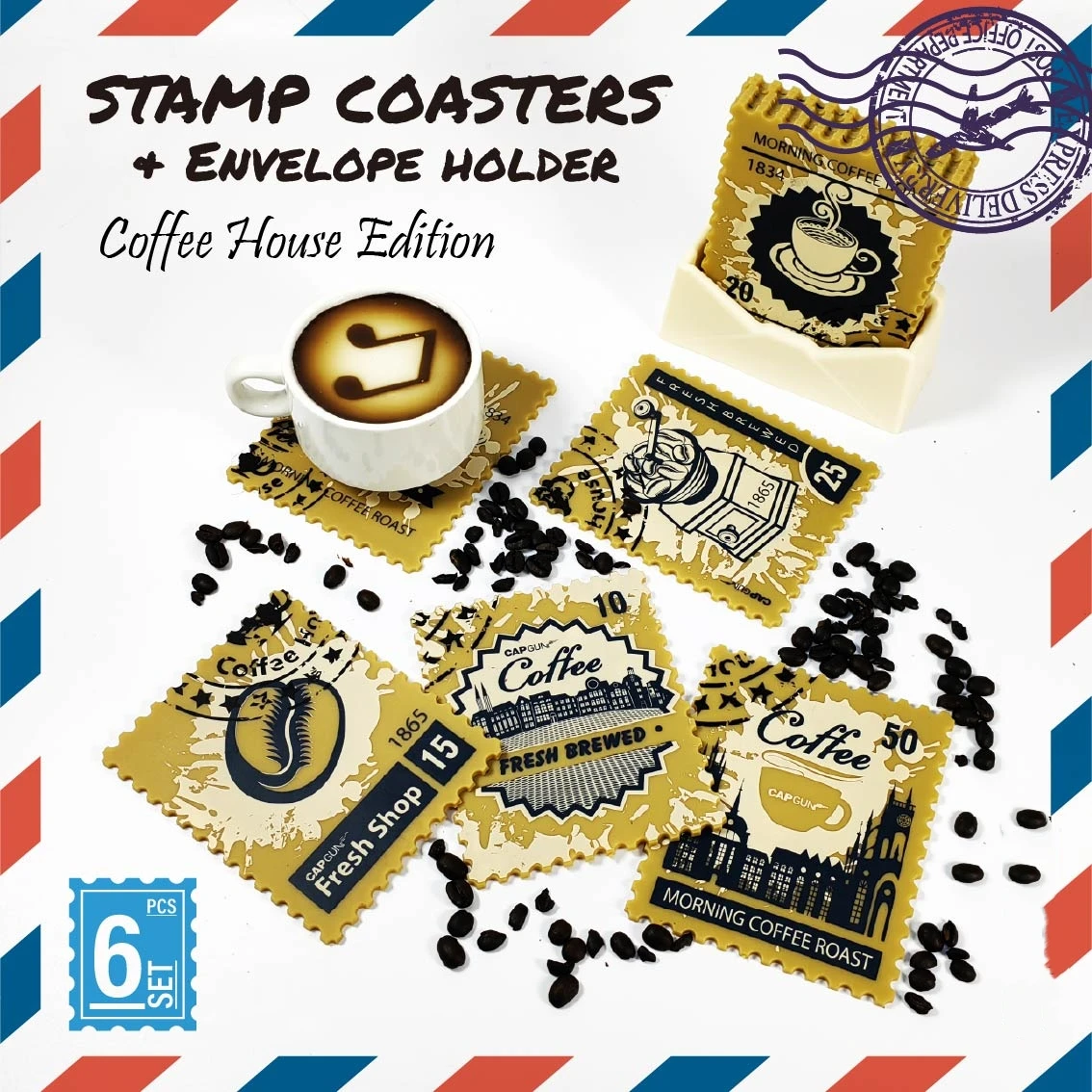 6pcs Coaster Retro Coffee Postage Stamp Rectangle Plastic Cup Mat Box Anti-slip Drink Holder Mug Table Placemat Heat-resistant