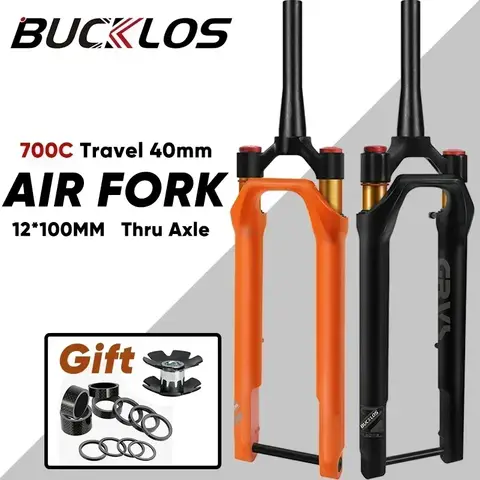 BUCKLOS Gravel Bike Suspension Fork 700C Bicycle Air Suspension Fork 12*100mm Road Bike Tapered Fork Travel 40mm Bicycle Parts
