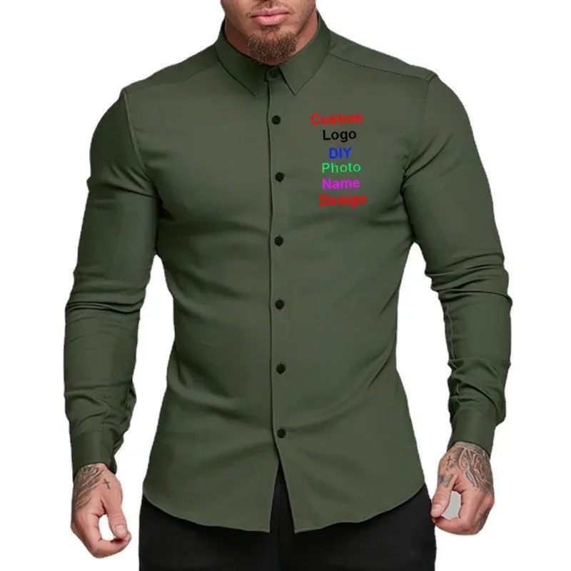 Customized DIY Brand Logo Autumn Men's Long Sleeve Super Slim Fit Casual Shirt Spring Turn Down Collar Business Dress Shirt