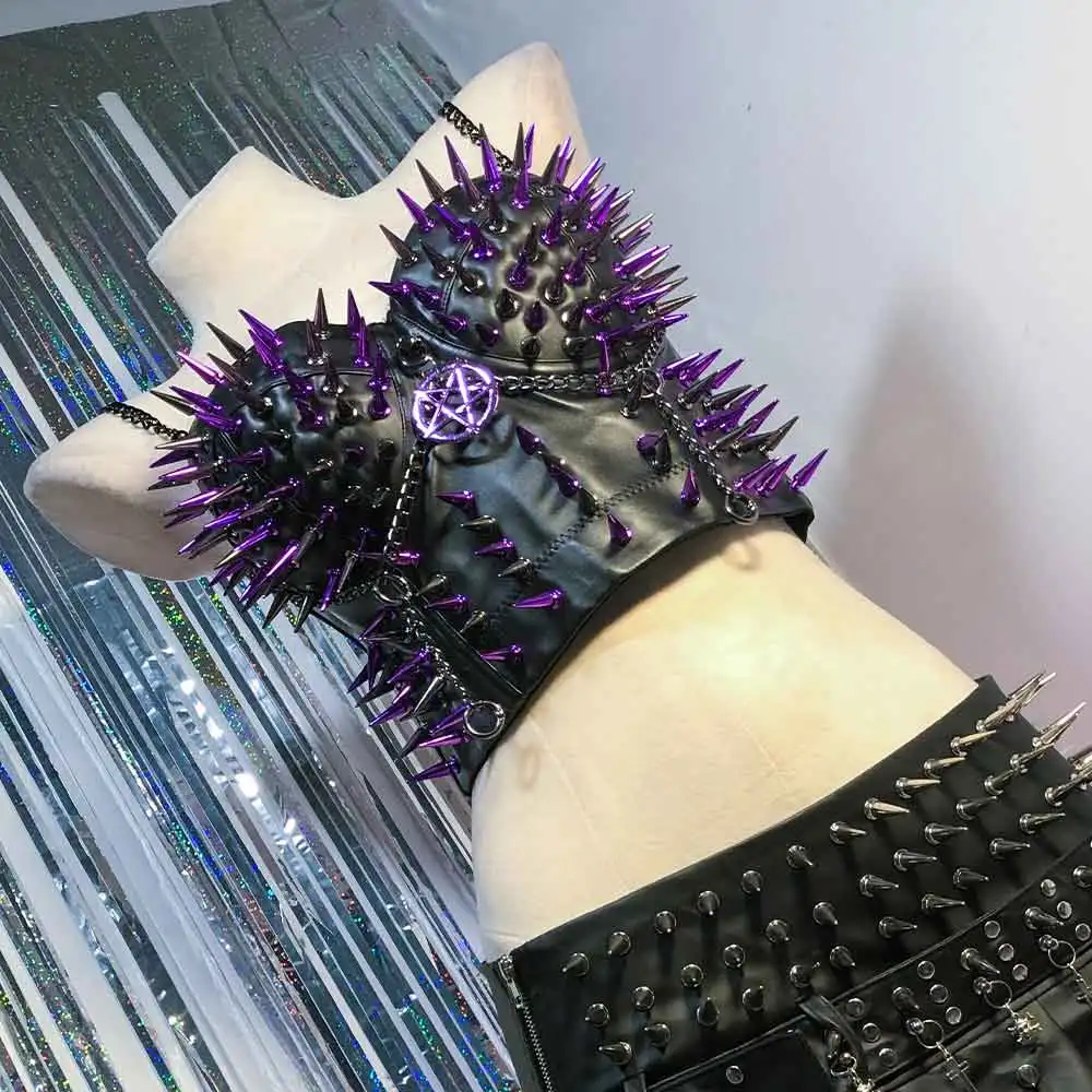 

Эмо-топы из веганской кожи в стиле гранж, готика, Y2K, Harajuku, панк-рок, фиолетовые, с заклепками, для э-гёрлз, эко-стиль 90-х, фейри-стиль