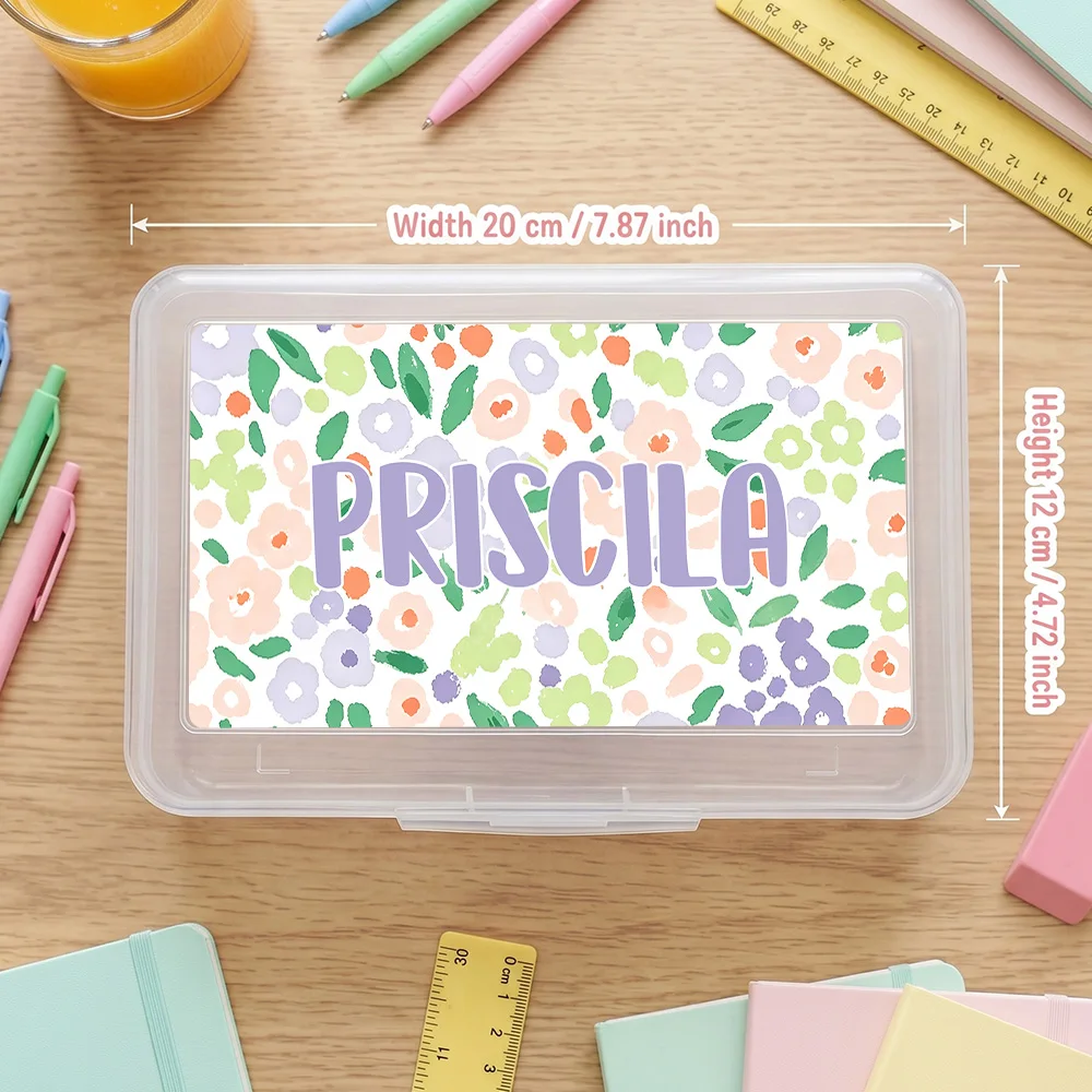 Personalized Pencil Case, Custom Name Clear Plastic Ditsy Floral Stationery Box, Wildflower Pattern,