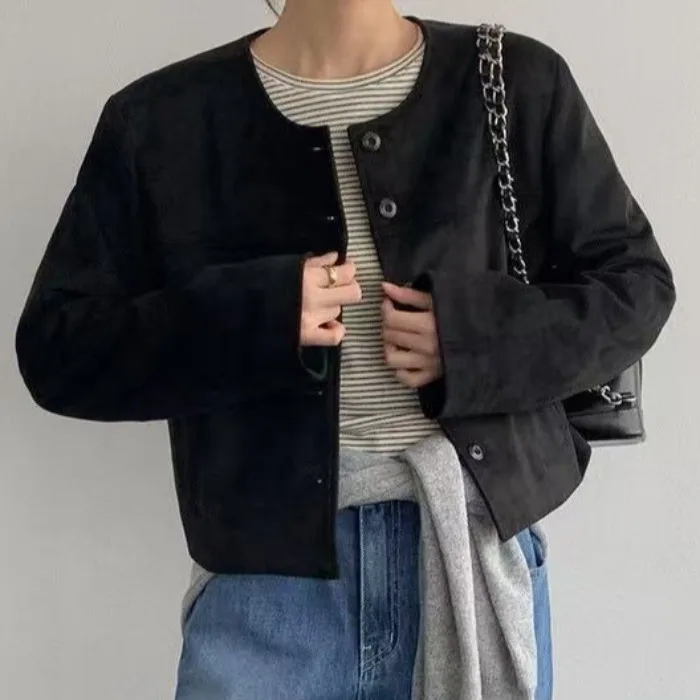 スリムスエードジャケット レディース ファッション ヴィンテージデザイン 秋冬 ストレートカット オルトコート カジュアル エレガント 多用途ジャケット