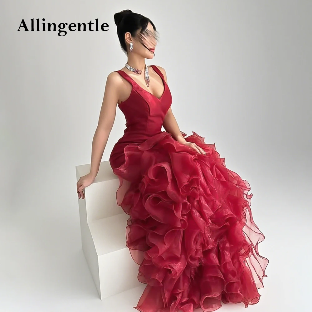 

Modern Red Mermaid Evening Dress V-Neck Sleeveless Organza Tiered Ruffles Wedding Party Gowns Women's Prom Dresses Customized