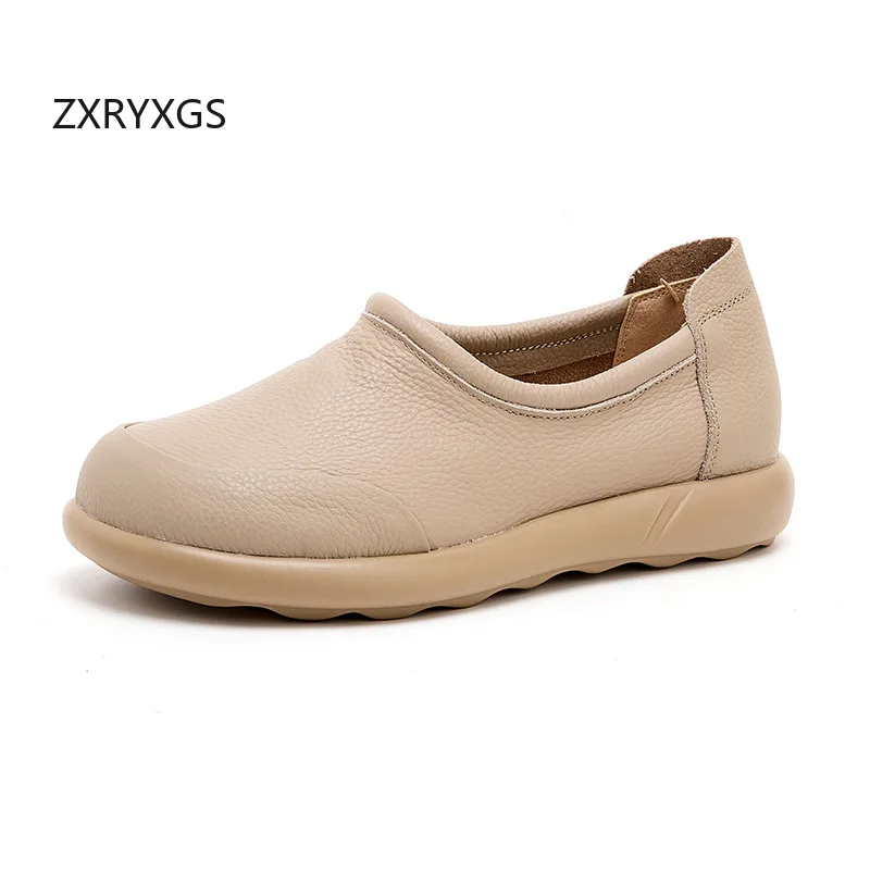 ZXRYXGS 2024 Autumn Round Toe Genuine Leather Shoes Flats Comfortable Soft Sole Anti Slip Wear-resistant Flat Shoes Woman New