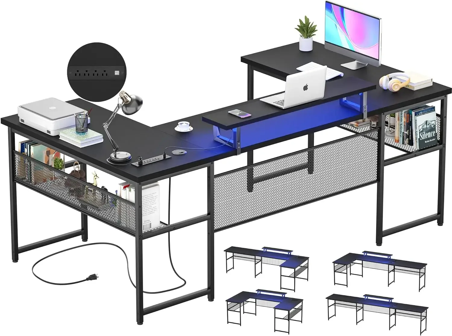 

Unikito U Shaped Computer Desk with Power Outlet and LED Strip,Reversible L Shaped Office Desk with Monitor Stand and Storage Sh