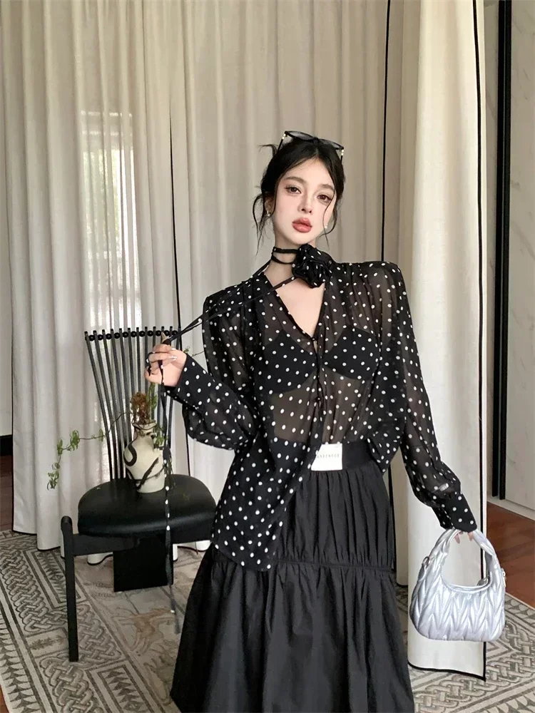 Gagarich French Polka Dot Lace Up V-neck Long Sleeved Shoulder Shirt Women Summer Haute Couture Temperament Loose Black Blouse