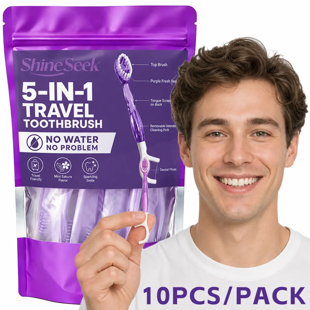 Newly Upgraded Purple 10-Piece Portable Set, 5-in-1 Multifunctional Toothbrush Care Set with Mint Cherry Blossom Flavor, Includes Purple Freshener Beads + Toothbrush + Dental Floss + Interdental Cleaning Stick + Tongue Scraper, Convenient and Soft, Soft Bristle Design, Teeth and Gum Care |   Travel Essentials |   Individually Packaged |   Soft |   Sakura Mint Flavor |   Travel Toothbrushes Are the Best Choice for Smart Families!