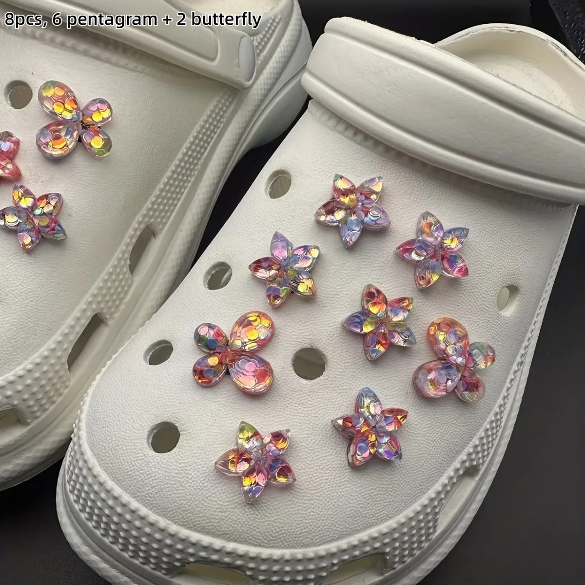 Breloques 3D irisées Papillon et Étoile pour Crocs, Décorations de chaussures colorées détachables, Boucles de sabots en résine DIY, Accessoires mignons Kawaii