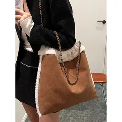 Lamb Wool Chain Shoulder Bag Faux Suede High-End Texture Bucket Bag Women 2023 Autumn Winter New Maillard Style Plush Tote Bag