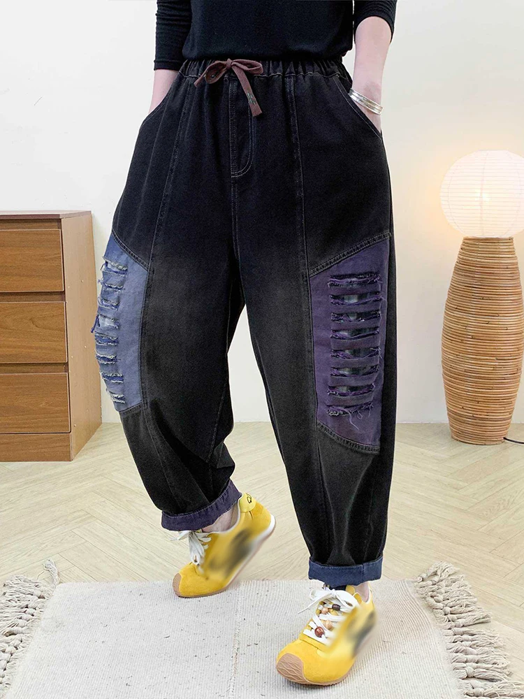 Amax LuluE automne femmes mode trous Design jean dames ample décontracté Denim pantalon classique Vintage Patchwork Punk sarouel