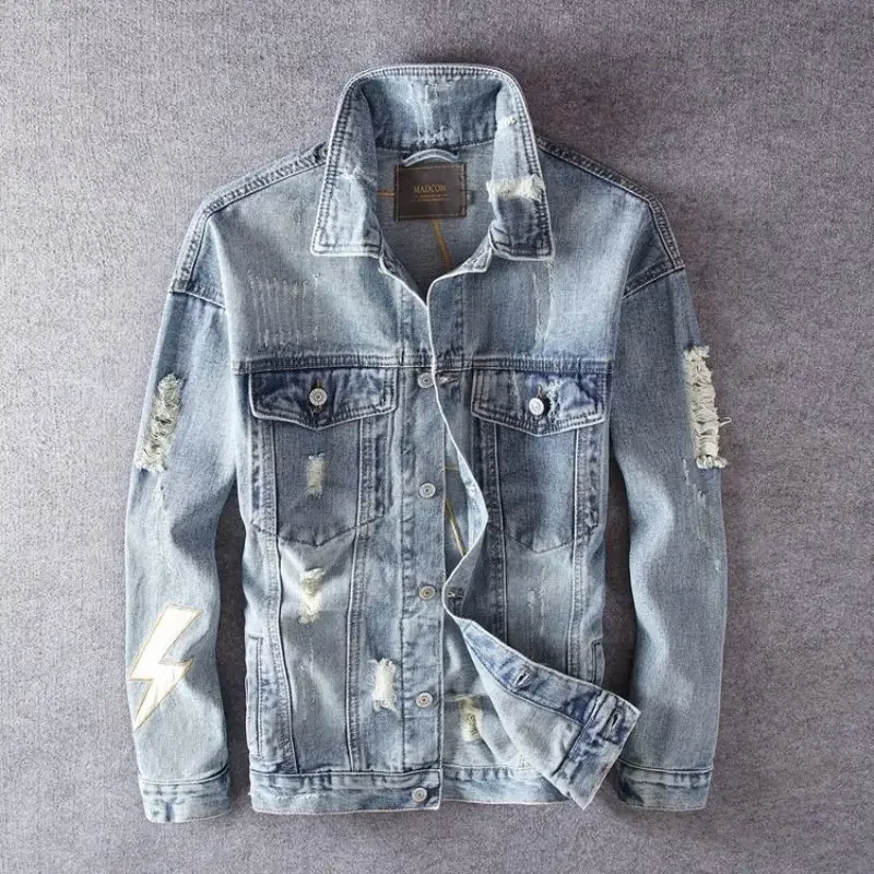 Denim Jackets Man With Hole Ripped Vintage Cowboy Coat for Men Print Outwear Washed Size L Original One Piece Y2k Branded Casual