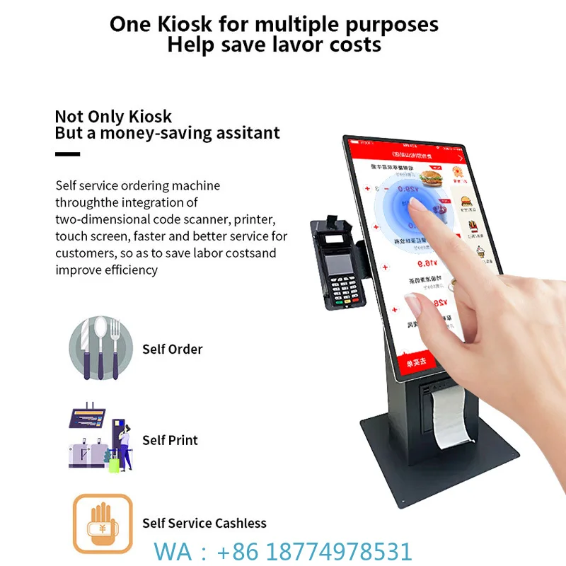 System Qr Code Scanner Printer Counter Kiosk 15.6 Inch Self Service Payment Capacitive Touch All in One Machine with Android