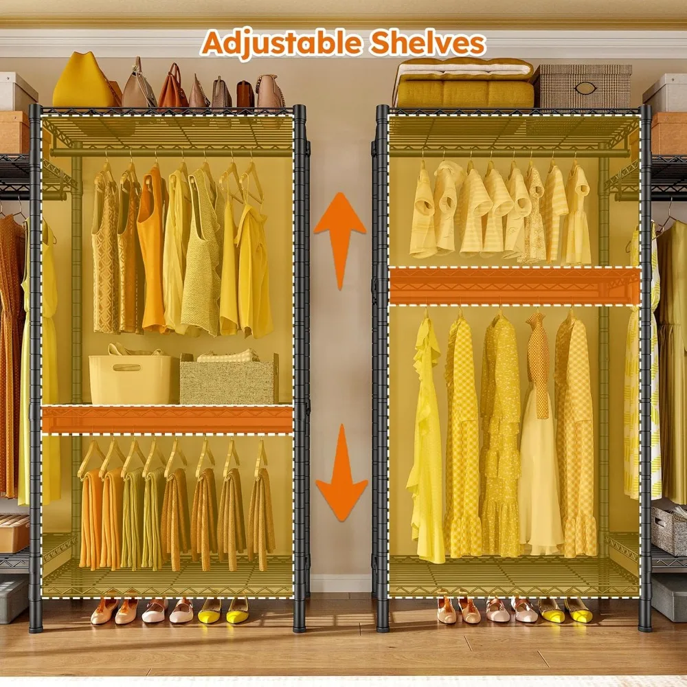 رف ملابس عالي التحمل قابل للتعديل مع أرفف لتعليق الملابس، أقصى حمولة 90 رطل، حل تخزين الملابس موفر للمساحة
