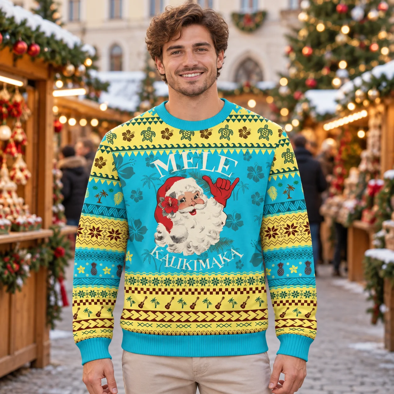 Trade Snowy Scenes for Tropical Art on an Ugly Christmas Sweater Beach Print Crewneck Sweaters for Casual Holiday Outfits