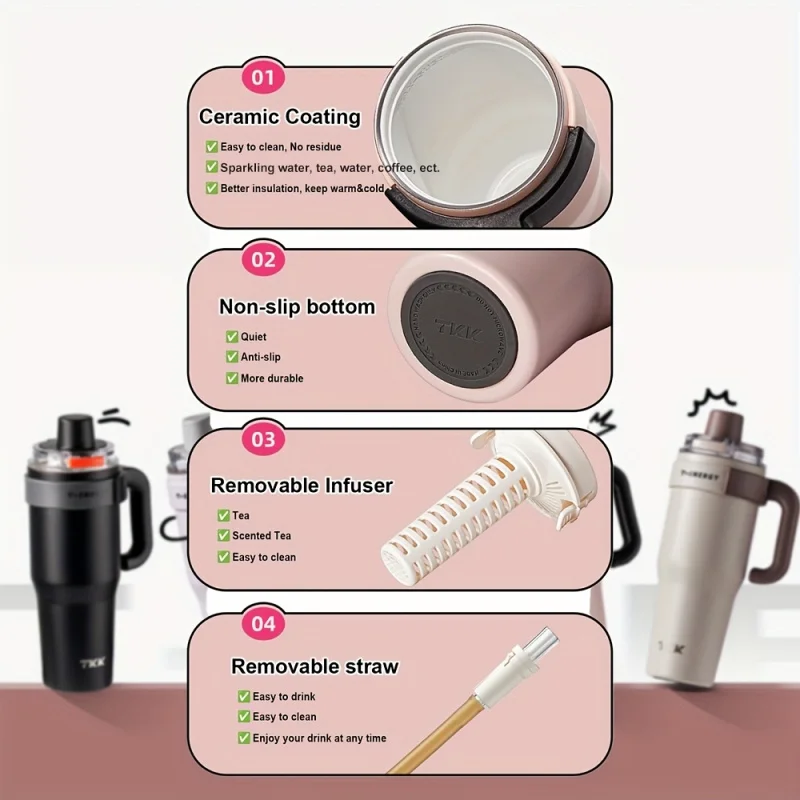 800ml 1200ml ceramic coated stainless steel insulated mug with straw lid and handle, leakproof coffee cup for school office