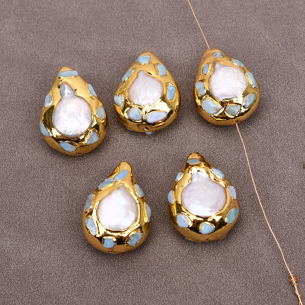 APDGG Wholesale 5 Pcs Freshwater White Pearl Blue Larimar Stone Tear Shape Gold Trim Jewelry Accessories Jewelry Findings DIY