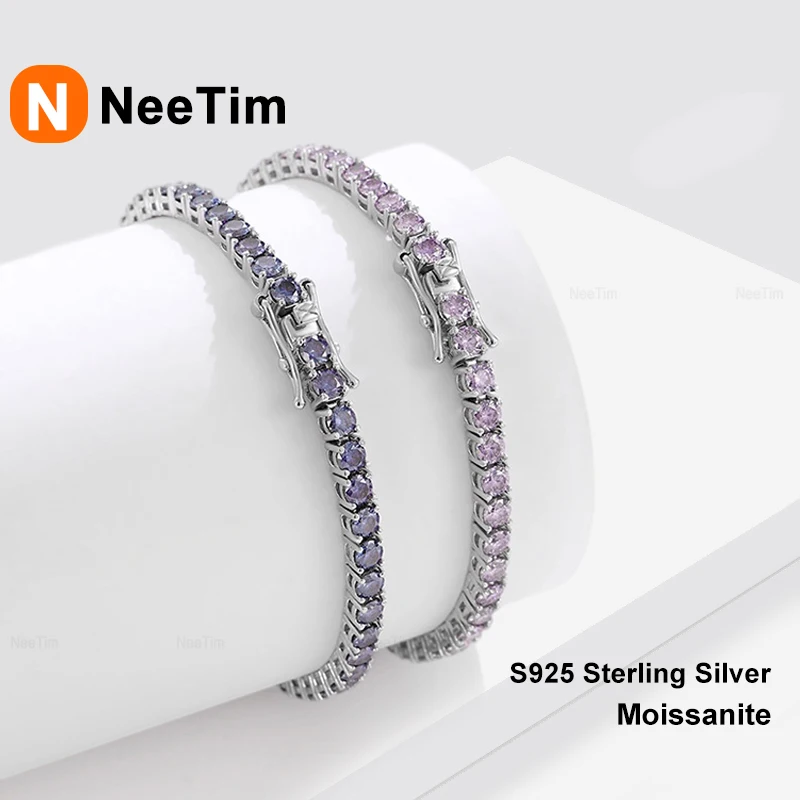 NeeTim 3mm 4mm Purple Moissanite Tennis Bracelet 925 Sterling Silver with White Gold Plated Sparkling Bracelet for Women Man