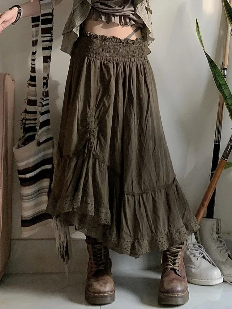 

Vintage Forest Green Shirring Tie Lace Trim High Waist A Line Long Skirt Women Vacation Outfits