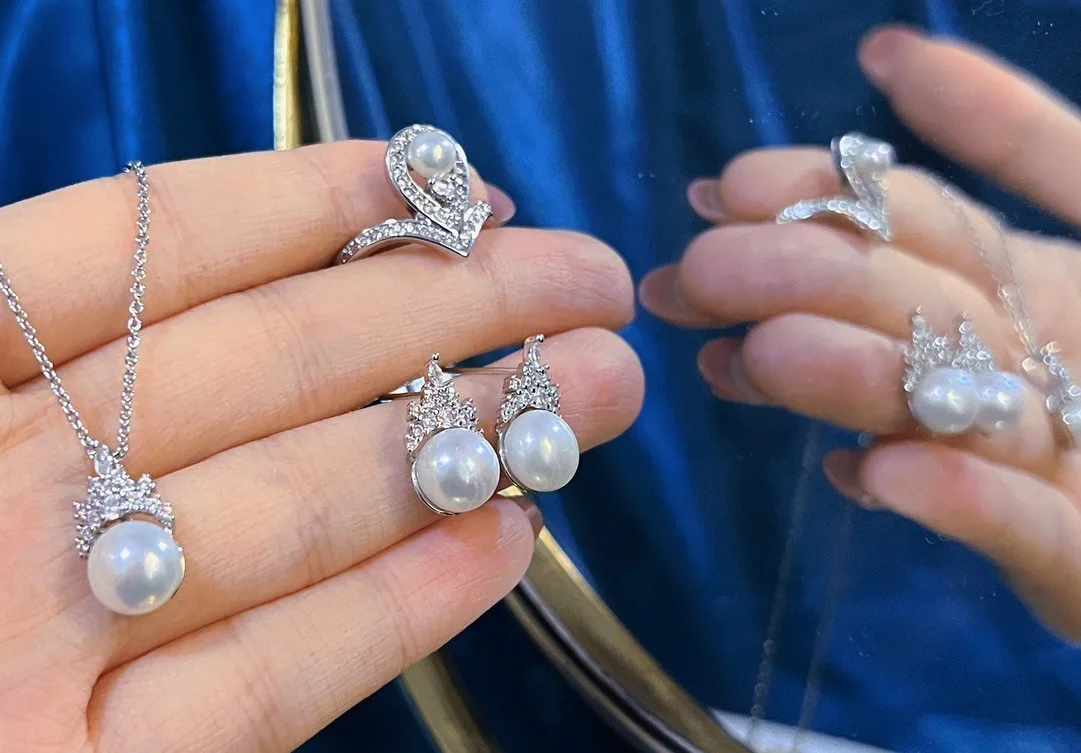 New Fashion Pearl Jewelry Set Natural Freshwater Pearl Necklace Earrings Ring 925 Sterling Silver Crown Design Jewelry For Women