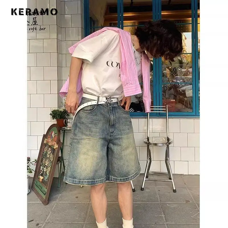 Retro เข่าความยาวกางเกงยีนส์กางเกงขาสั้น Grunge 2000s Street เอวสูงกางเกงยีนส์สีฟ้าผู้หญิง Vintage Casual Y2K Eclectic 2000s Emo กางเกงขาสั้น