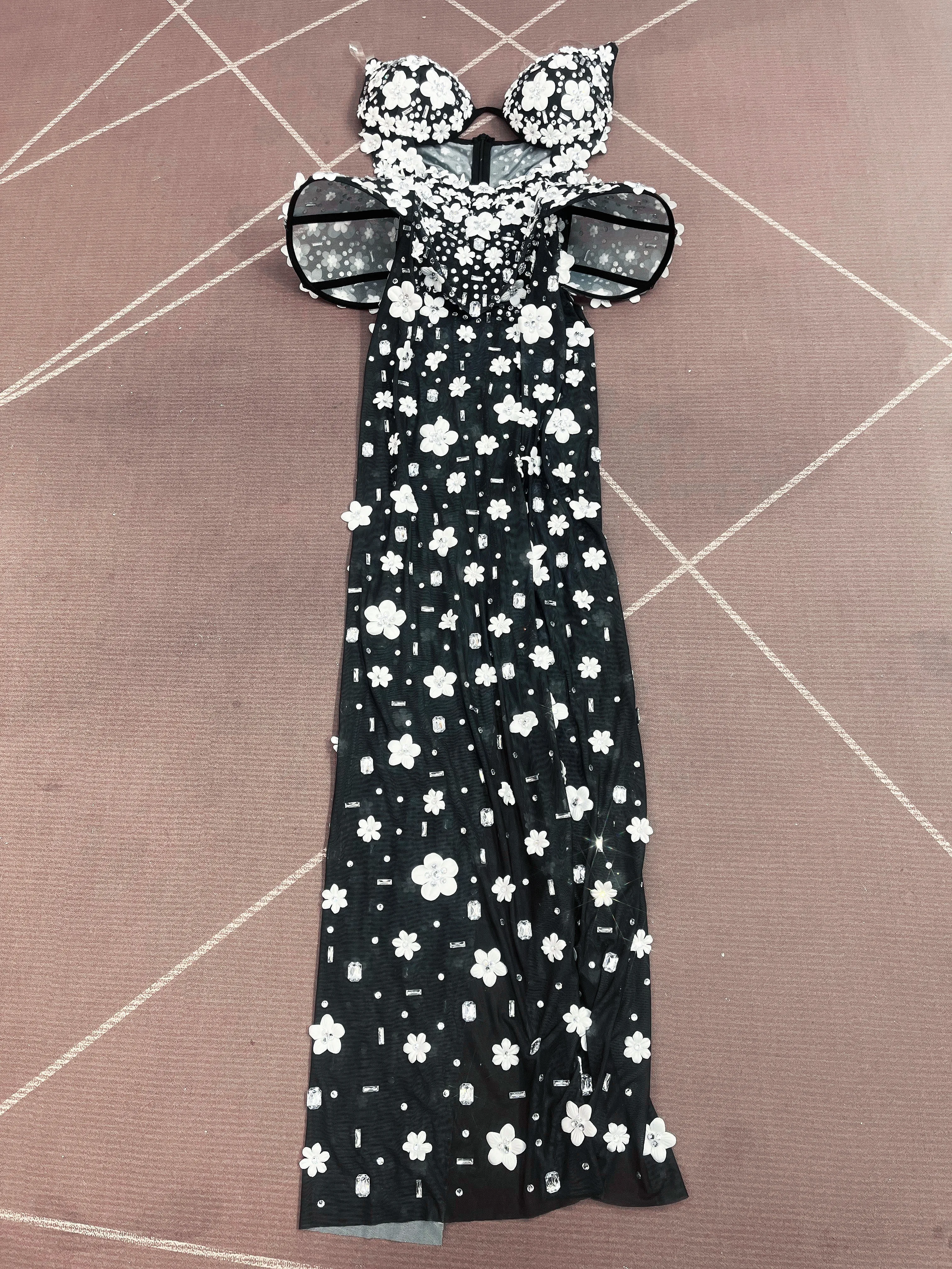 Flashing Rhinestones White Petals Elegant Gown Sexy Transparent Mesh Dress Evening Party Gown Red carpet Show Outfit Bailianhua view 6