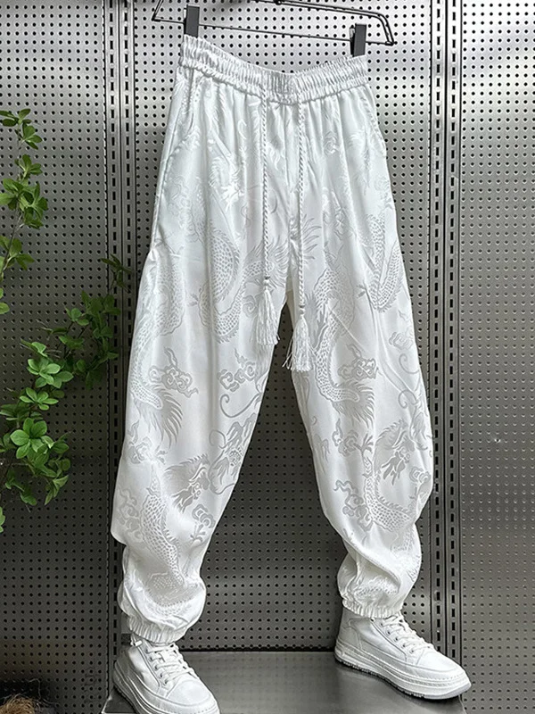 

New Chinese Sle Dragon Pattern Loose Fit Casual Pants Men's Thin Breathable Nine Points Long Trousers White National Sle ...