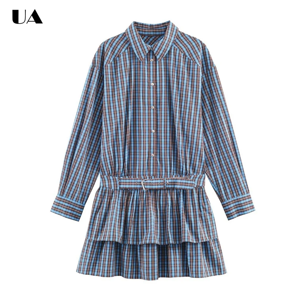 

Fashionable Plaid Turn-down Neck Mini Dress with Long Sleeve, Trendy Tiered Ruffled Short Dress, Vintage Button Belted Dress