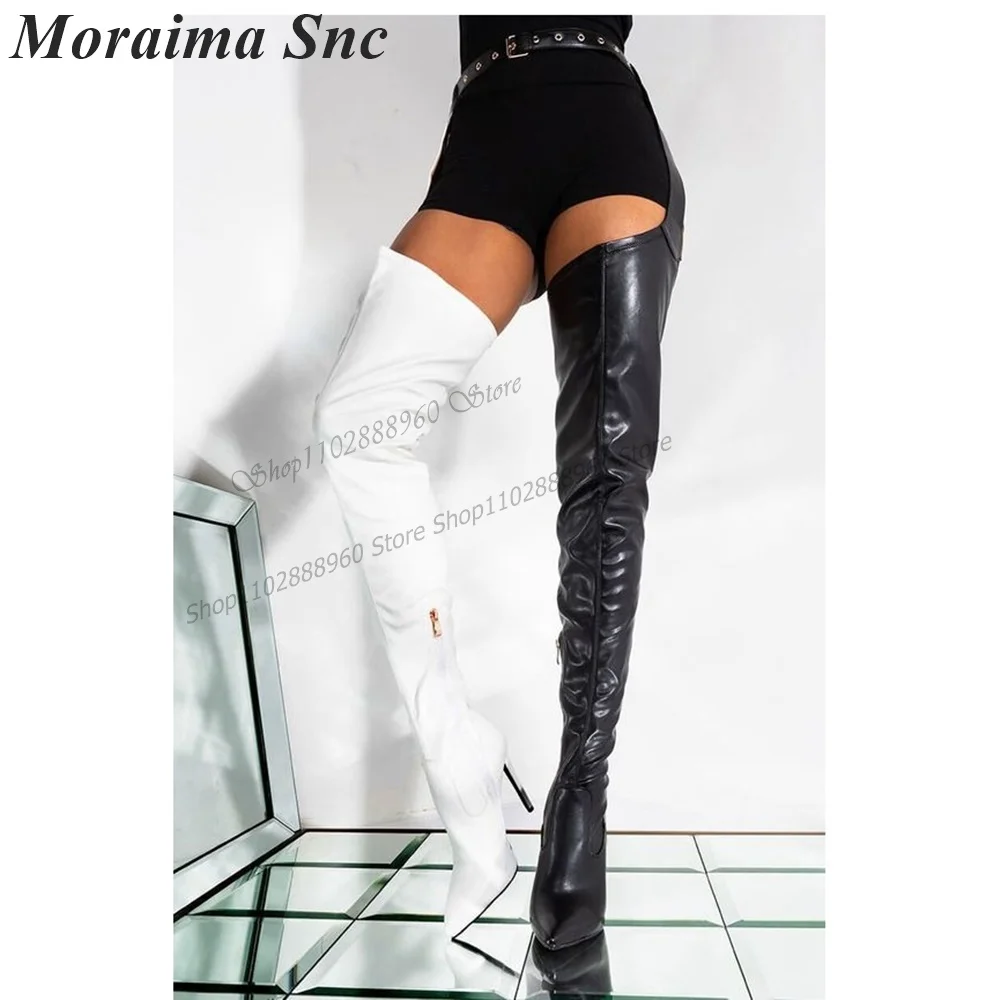 Black And White Leather Belt Trouser Boots Stilettos High Heel Women Shoes Side ZIpper Pointed Toe 2023 Sexy Zapatos Para Mujere