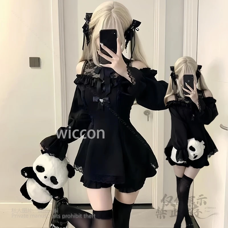 

Evening Dress Gothic Japanese Patchwork Lace Slim Bow Suit Design Off Shoulder Lolita Lace One-Shoulder Shirt S-XL Uniform Women