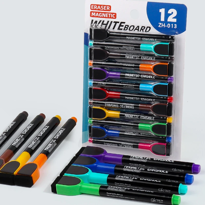 6/12 Colors Magnetic White Board Marker Pen Set Blister Packaged Dry Erasable Marker with Eraser Tip Water-based Ink School