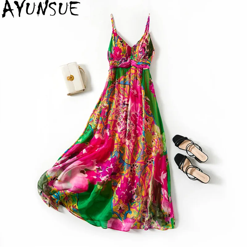 

AYUNSUE Natural Mulberry Silk Slip Dress Woman Beach Style Long Dresses for Woman Clothing Summer New in Dresses Jupe Femmes