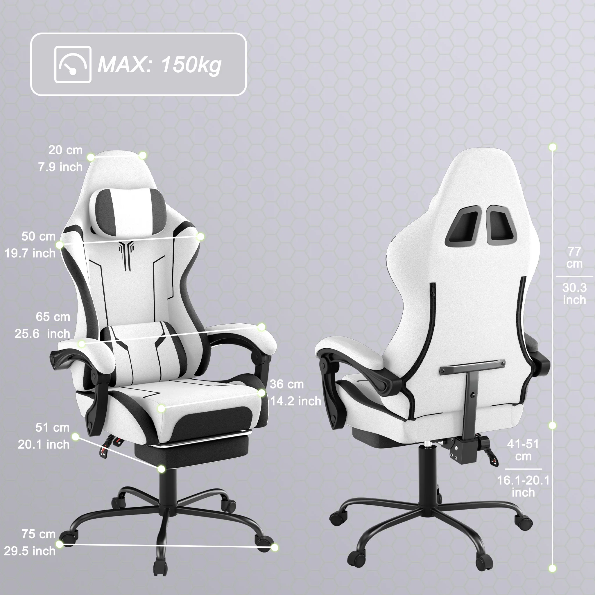 Ergonomische gamingstoel, in hoogte verstelbare draaibare pc-computerstoel met intrekbare voetensteun en afneembare hoofdsteun en lumbale kussens, bureaustoel van suède of PU-stof, max. draagvermogen