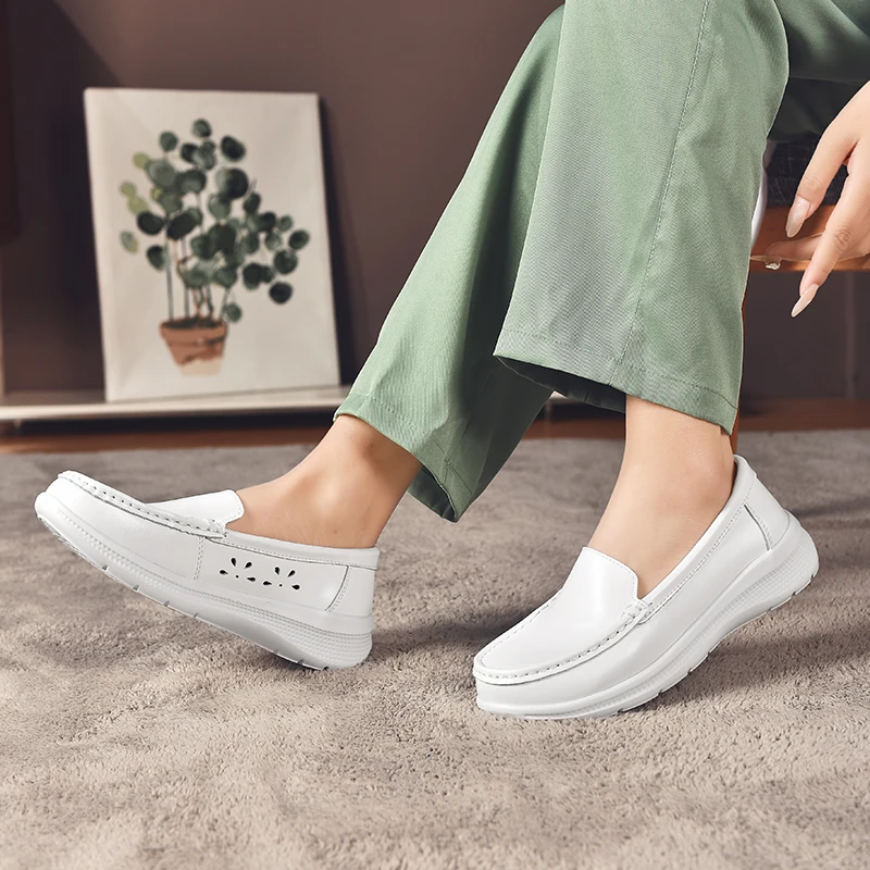 STRONGSHEN Women Flat Shoes Leather Loafers Soft Sole White Nurse Shoe Ladies Office Anti-Skid Casual Hollw Out Work Shoes