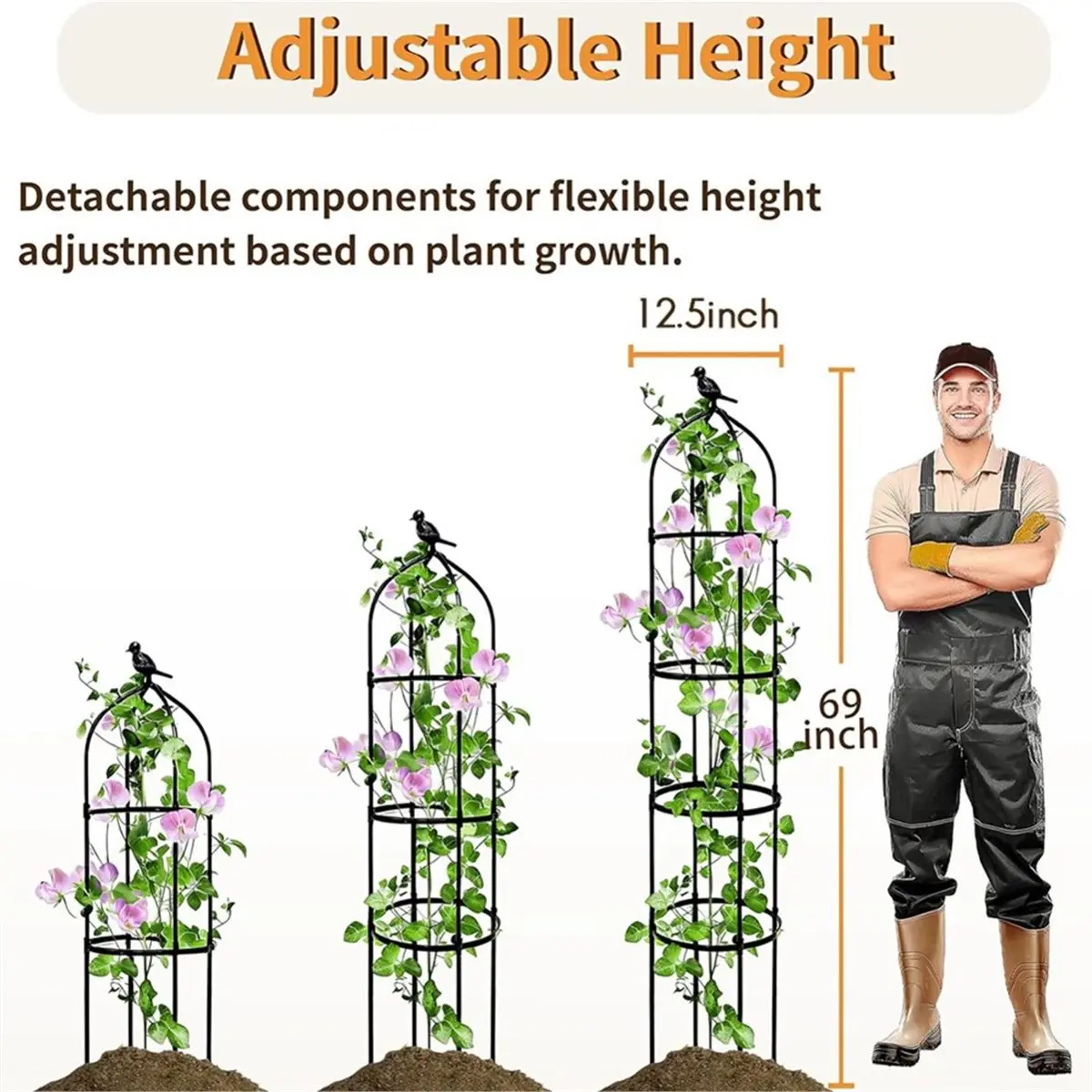 newA10R Garden Obelisk Trellis for Climbing Plants Outdoor, 6FT Adjustable Metal Plant Support with 3 Decorative Tops