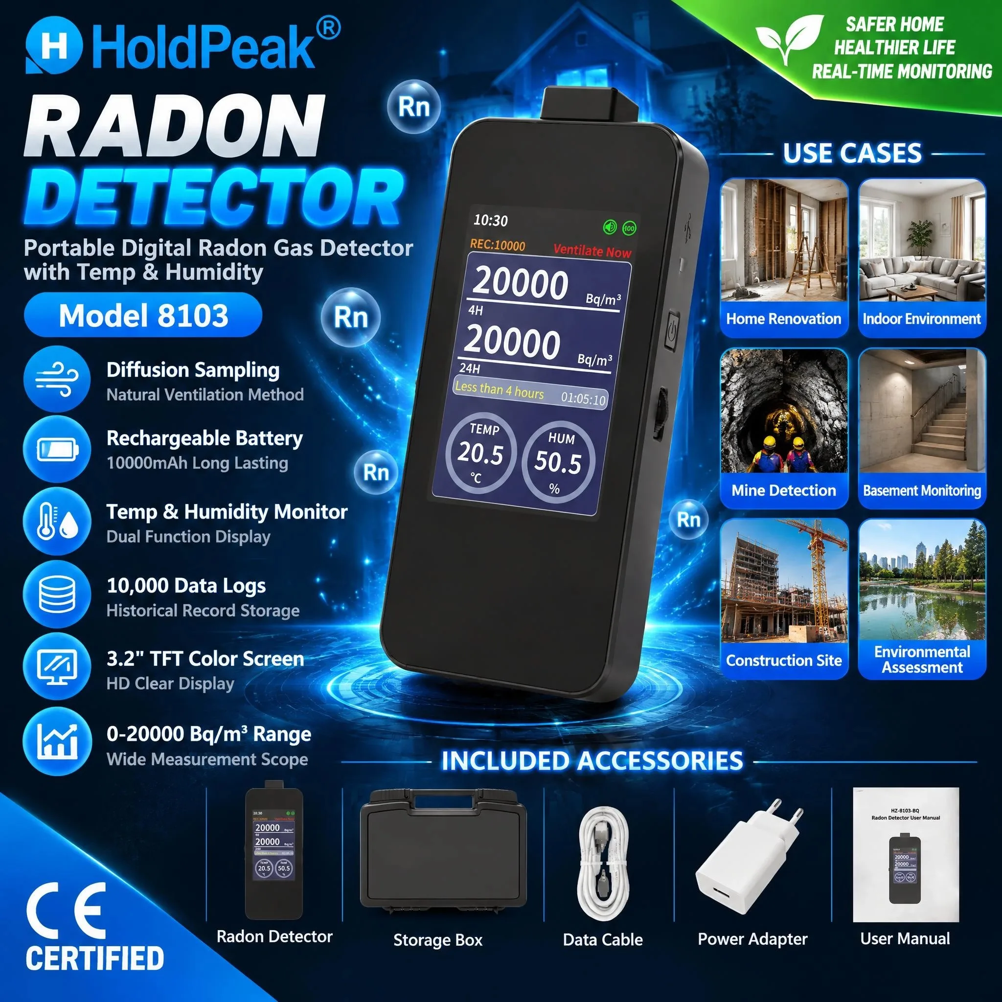 HoldPeak Radon Detector Professional Indoor Air Quality Tester Diffusion Sampling Temp & Humidity Monitor for Home Mine Basement