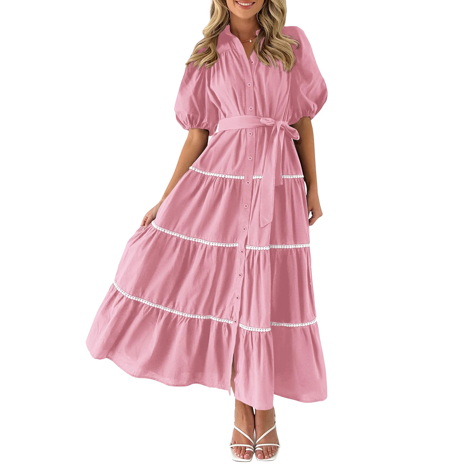 Vestido de camisa de verão feminino, Manga curta inchada, Ruffle Flowy Maxi Vestidos em camadas