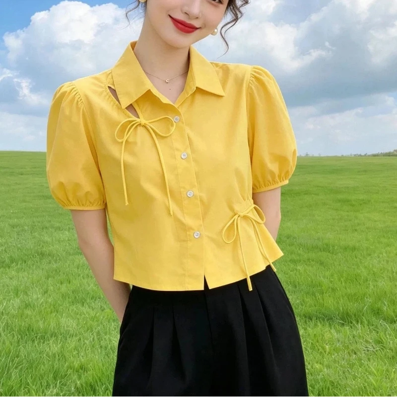 Hollow Out Drawstring Lacing Solid Button Korean Blouse Women Clothing New Summer Short Sleeve Sweet Shirt Tops Fashion Office