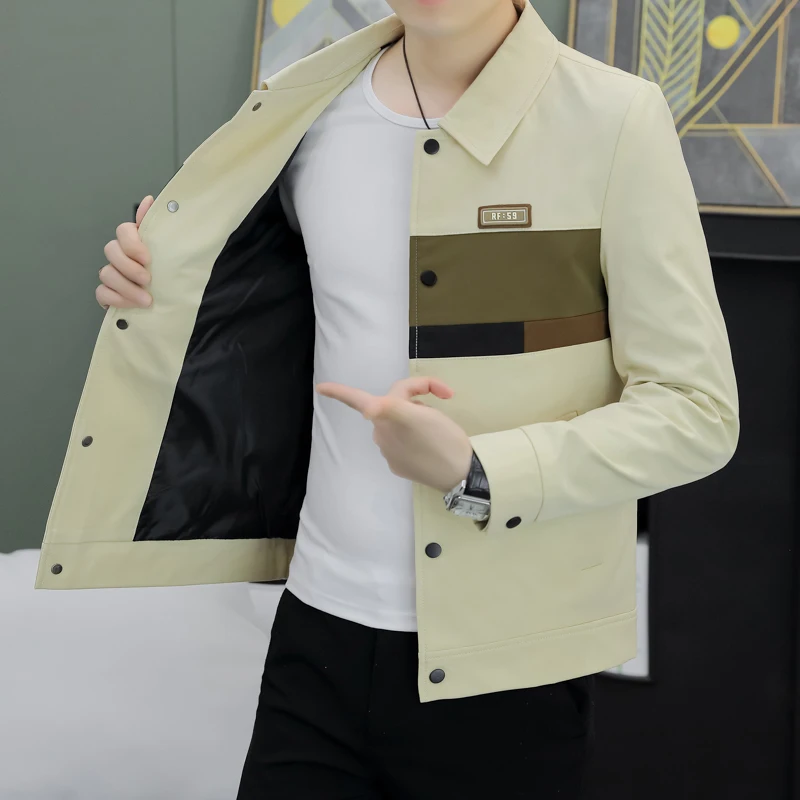 

Casual Slim Fit Men's Jaet Spring Autumn Thin Color Blo Flip Collar Lightweight Polyester Faionable Versatile Outerwear