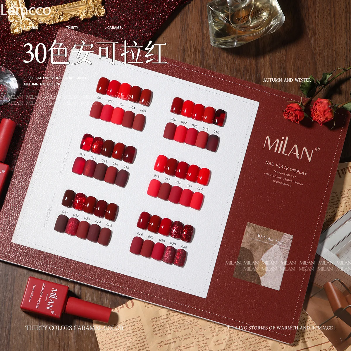 Milan Herbst Winter Halloween Rot 30-teiliges Gel-Nagellack-Set mit Karte für Nagelkunst Neujahr rotes Gel SemiPermanent UV-Gel 15 ml