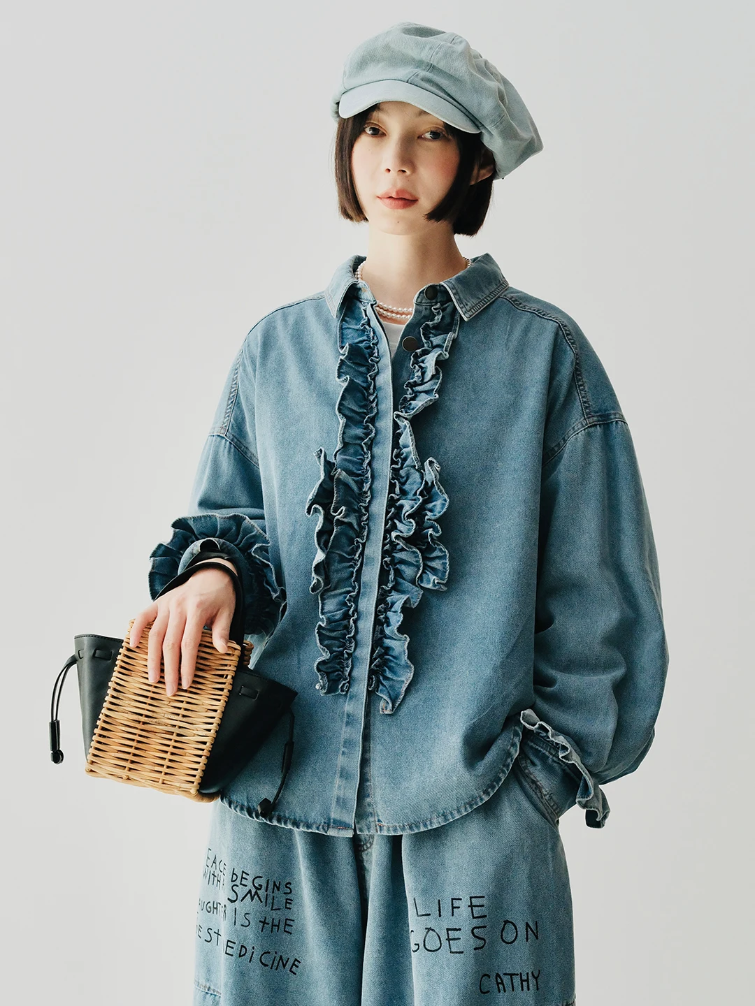 IMAKOKONI original design cardigan denim lace patchwork shirt lapel long sleeved jacket 244746