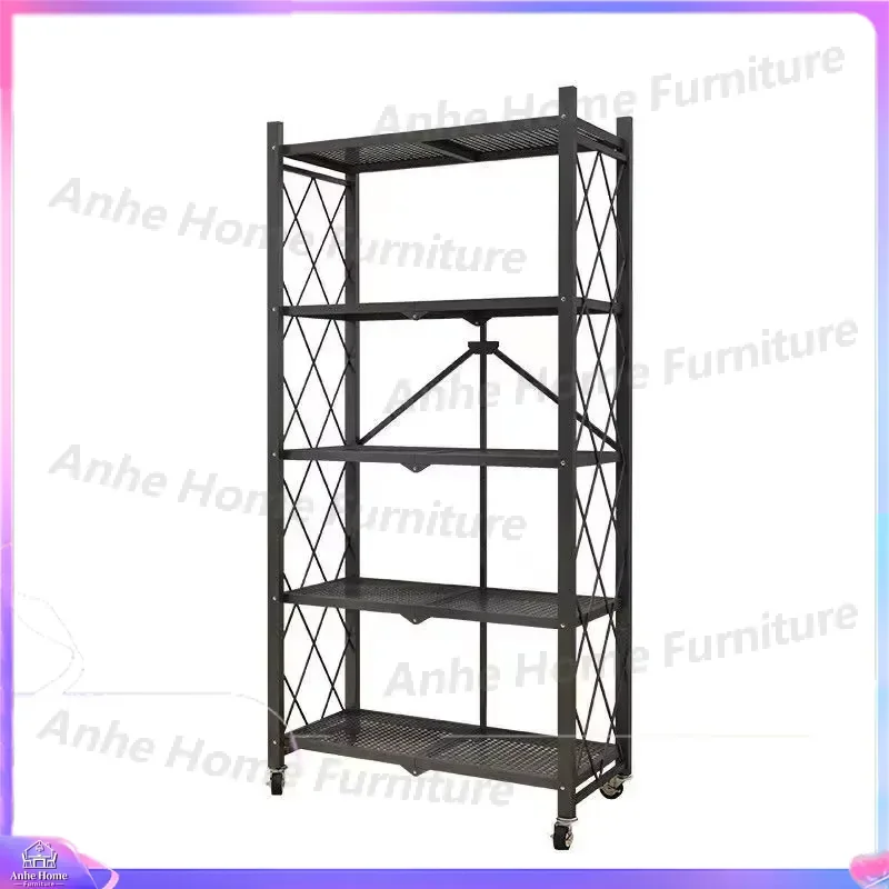 Foldable 5 Tier Vertical Carbon Steel Storage Rack with Wheels Kitchen Organizer Shelf Unit Mobile Cabinet Home Organization