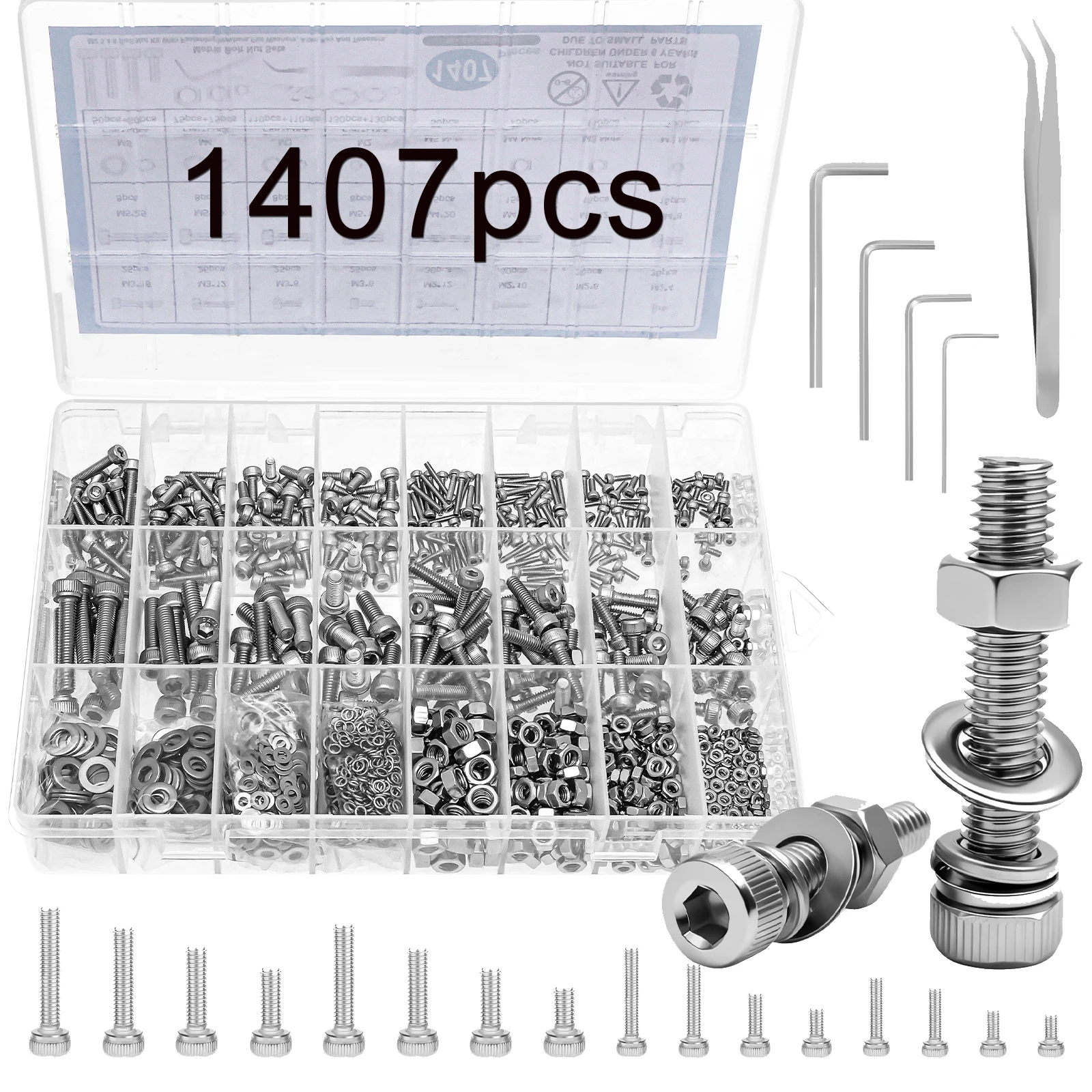 

1407Pcs Nuts and Bolts Assortment Kit 304 Stainless Steel Hardware Assortment Kit with Assorted Screws, Nuts, Bolts and Washers