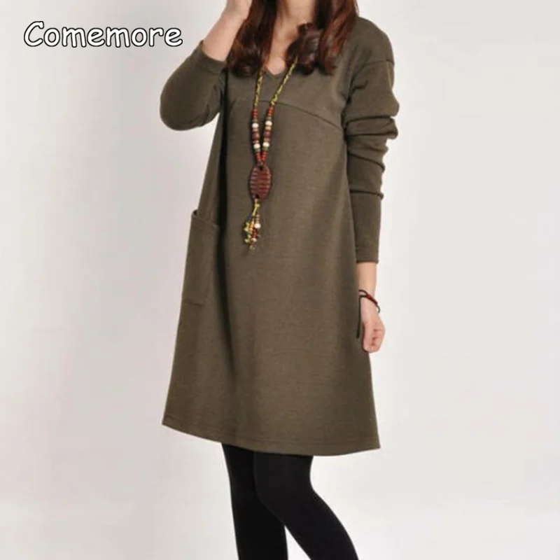 Comemore 2023 New Fashion Women Dress Spring Cotton Vintage Knee-Length Dress Female Long Sleeve O-Neck Dresses Womens Clothing