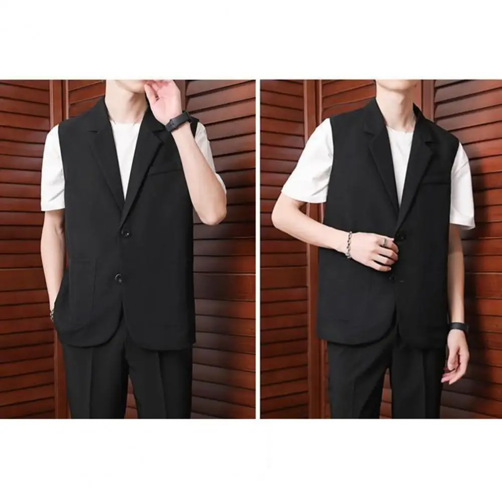 Men Loose Fit Suit Vest Elegant Men\'s Sleeveless Suit Vest with Lapel Collar Two-button Placket Side Pockets Business for Casual