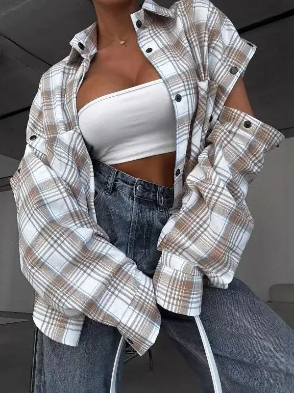 Detachable Plaid Short Sleeve Large Pocket Top Women's Loose Fit Shirt Polyester Fiber 95% Spandex 5% Spring Season Casual Wear