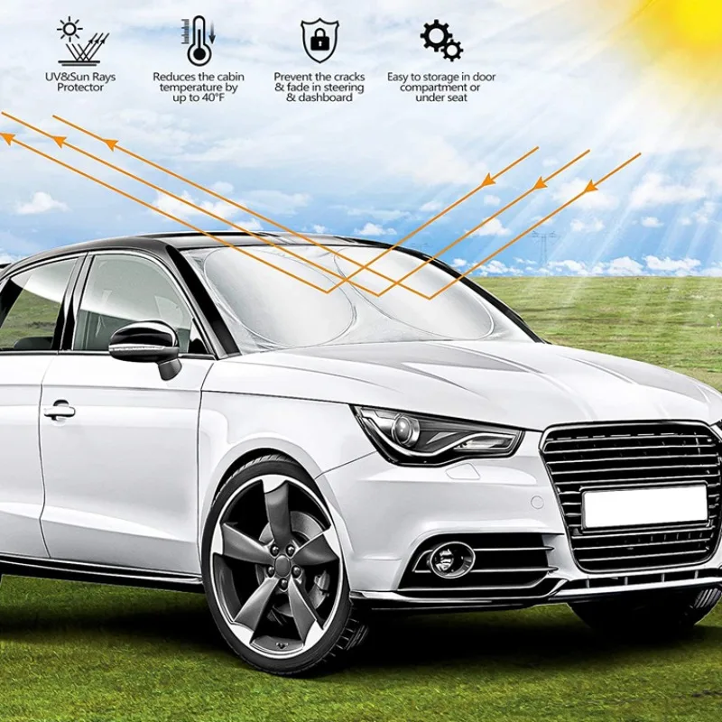 Car Sun Shade - Foldable Sun Car ShieldCoated Silver Cloth ReflectivePolyester Material Blocks 99% UV Rays, Fits Most Cars