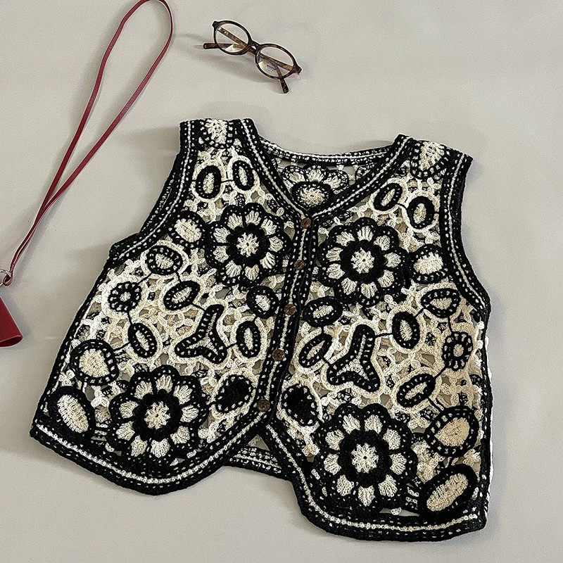 Gilet floreale ricamato all\'uncinetto per donna Giacca senza maniche sul davanti con bottoni traforati Canotte Abito estivo vintage Fairycore