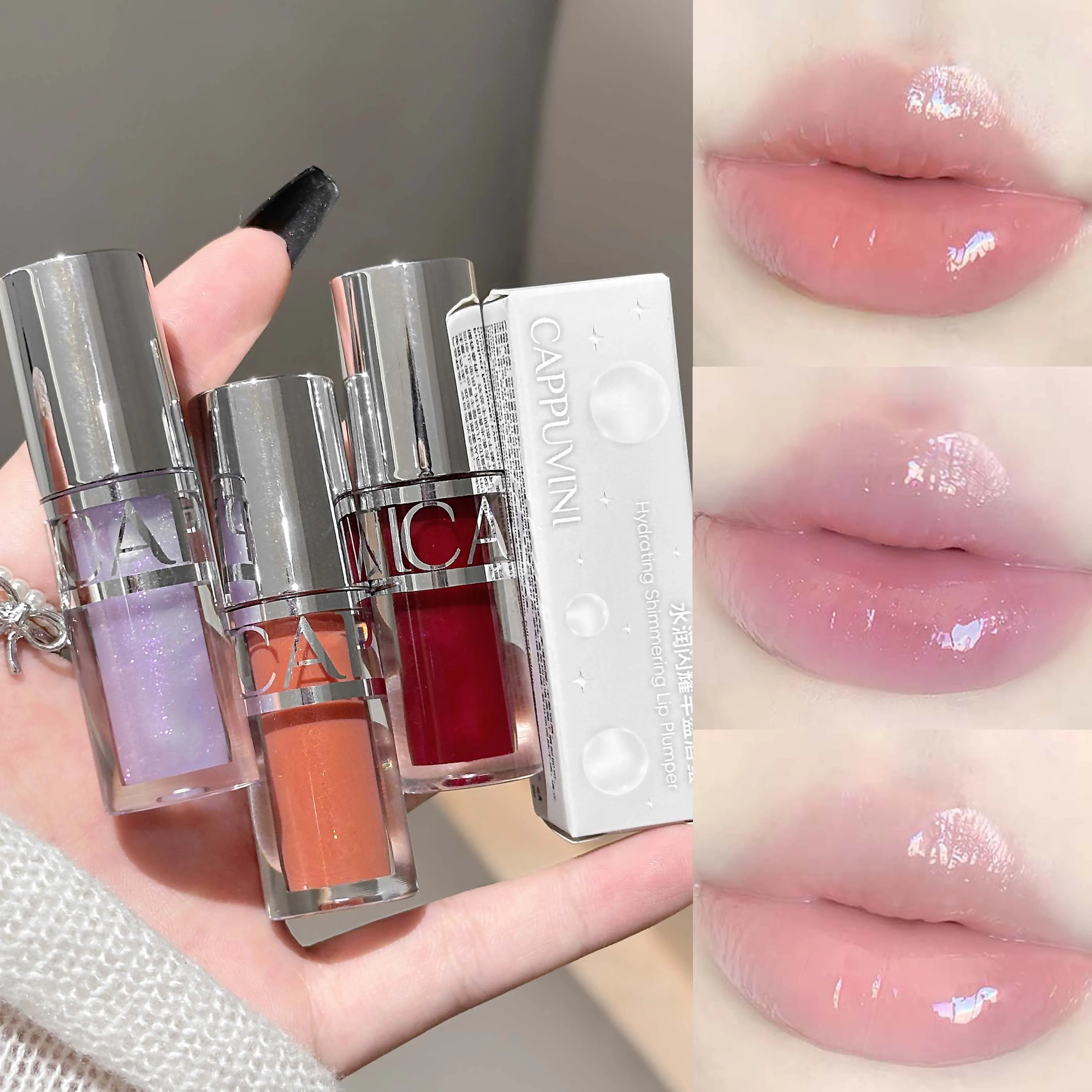 Peach Pink Moisturizing Lip Gloss with Fine Shimmer Long-Lasting Non-Stick Jelly Lip Plumping Korean Makeup Style